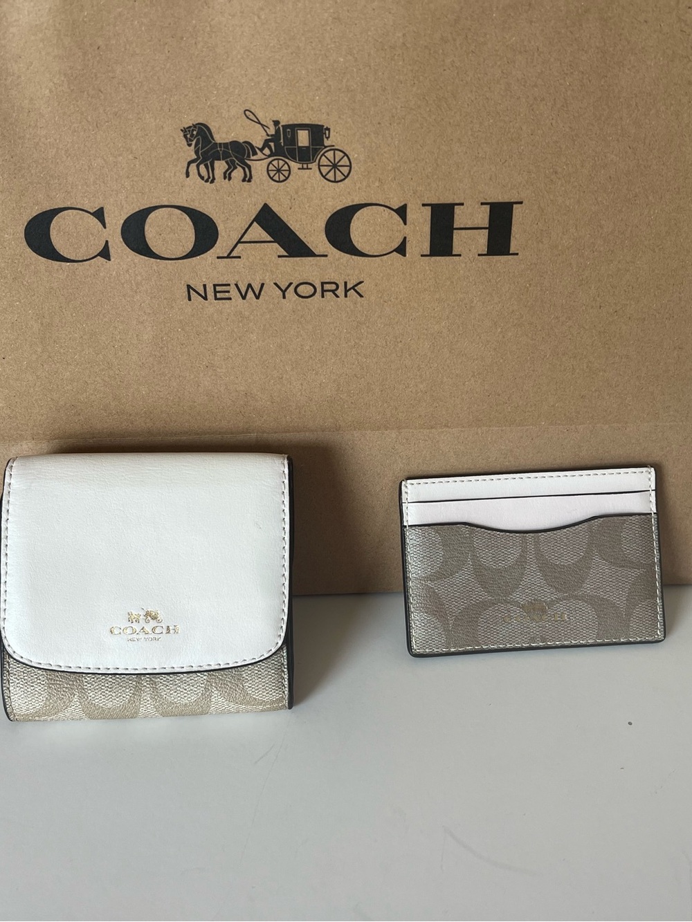 Coach White Leather & Beige Signature Canvas Wallet and Card Case Set